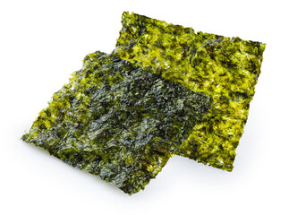 Crispy nori seaweed korean snack isolated on white background. With clipping path. - obrazy, fototapety, plakaty
