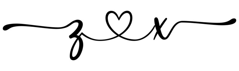 zx, xz, letters with heart Monogram, monogram wedding logo. Love icon, couples Initials, lower case, connecting HEART, home decor,