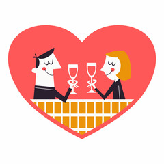 A loving couple of young people drink wine. Vector illustration in retro style. Modern love concept in vector cartoon flat style