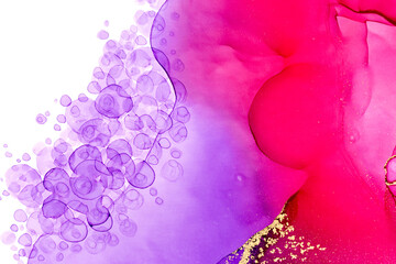 Close up abstract watercolor background. Transparent violet and pink artwork pattern with ink drops.