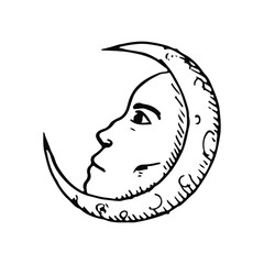 Moon with a face. Occult symbol. Vector illustration. Hand-drawn style. Isolated on white.