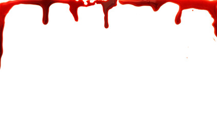A photograph of blood imitation dropping on a white background. Mockup paper sheet for Halloween purposes. Copy space for additional content.