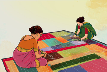 An Indian woman making bed covering with Wasted cloth.