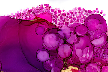 Abstract watercolor burgundy color artwork background with violet bubbles.