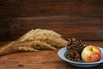 Winter, Christmas background in rustic style. A vintage, metal bowl with an apple and pine cones