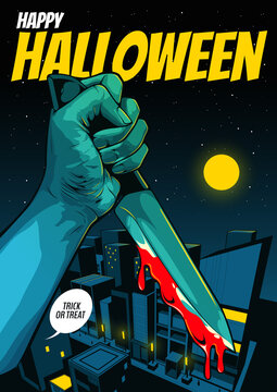 happy halloween, cover template, Hand holding a knife on night city background.