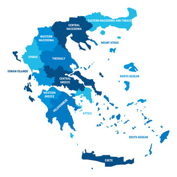Blue political map of Greece. Administrative divisions - decentralized administrations. Simple flat vector map with labels.