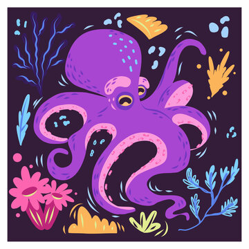 Purple octopus hand drawn flat vector illustration. Cute cartoon character. Aquatic animal with tentacles in floral frame isolated on dark background. Doodle style 
