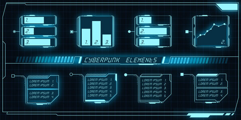 Scifi futuristic panel collection of HUD elements GUI VR UI design Cyberpunk neon glow retro style