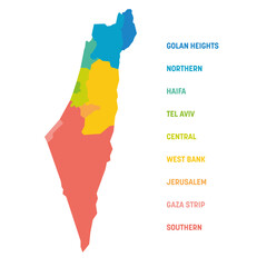 Colorful political map of Israel. Administrative divisions - districts and three special territories - Gaza Strip, West Bank and Golan Heights. Simple flat vector map with labels. - obrazy, fototapety, plakaty