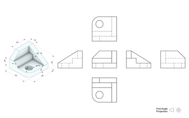 Technical drawing of a 3D model with a perspective and orthogonal views. First angle projection method. Part of a series.
