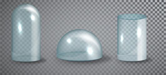 Glass dome set isolated on transparent background. Realistic 3d detailed glass shape. Vector illustration.