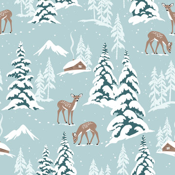 Snowy landscape seamless vector pattern with deer, chalet and snowy pine trees. Perfect for textile, wallpaper or print design.