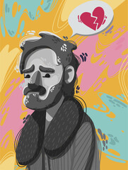 Sad, lonely, brokenhearted man. Unrequited love, loneliness. Black and white people on a colored background. The concept of lonely people, non-reciprocal love, end of relationship, loneliness.