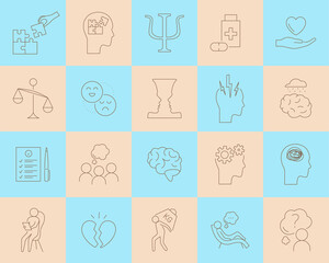 Psychotherapy and psychology line icon set. Simple thin outline pictogram collection. Mental health elements. Anxiety, group therapy, mood disorder, depression. Editable stroke vector illustration