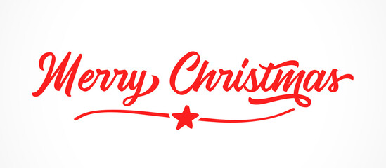 Merry Christmas red star and line calligraphy inscription. Elegant calligraphy banner with stylish lettering, vector illustration for holiday New Year or Xmas. Greeting card or poster