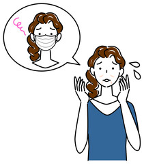 スキンケア マスクの着用が原因で顔のしわやたるみが出来た女性 イラスト シンプル ベクター
