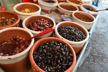 Olives at farmers street market stall in Chania, Greece