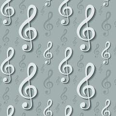 Treble clef with shadow on gray background, 3d texture for design, wallpaper for home, seamless pattern, vector illustration
