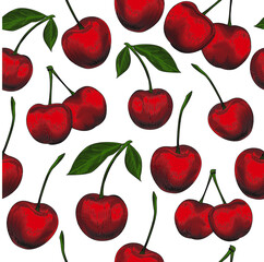 Cherry seamless pattern, Hand Draw, Vector, Engraved illustration, Berry Fruit, Lines and colors are clearly separated, isolate on white background, ready to be used for work