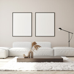 mock up poster frame in modern interior background, living room, Scandinavian style, 3D render, 3D illustration