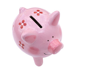 A pink ceramic piggy bank.