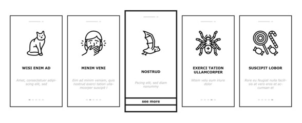 Halloween Autumn Season Holiday Onboarding Mobile App Page Screen Vector. Halloween Pumpkin And Scary Skull Decoration Witch Vampire, Coffin And Grave, Bat And Spider Decorative Ornament Illustrations