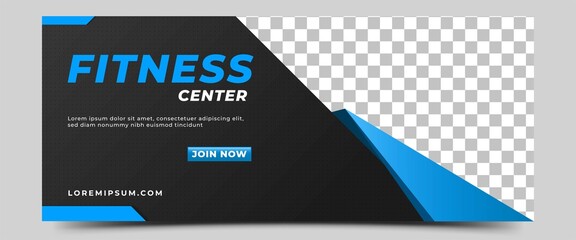 Gym, fitness, and sports horizontal banner template design. A dark background color with abstract blue shape ornament and place for the photo. Usable for banner, cover, and header.