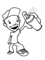 Fototapeta premium Cartoon graffiti writer character smiling with a paint spray on the hand. Black line on white.