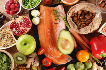 health food selection- fruit,  vegetable and fish