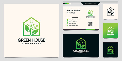 House and natural leaf logo with line art style and business card design Premium Vector