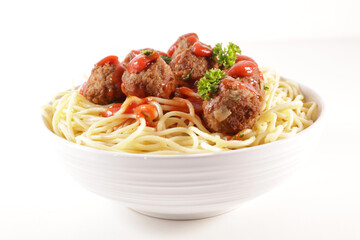 bowl of spaghettti with meatballs and tomato sauce