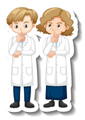 Cartoon character sticker with children in science gown