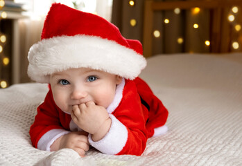 Beautiful little child is celebrating Christmas. New Year's holidays. A child in a Christmas costume. Childhood and people concept - happy Newborn baby in Santa hat over holidays lights background