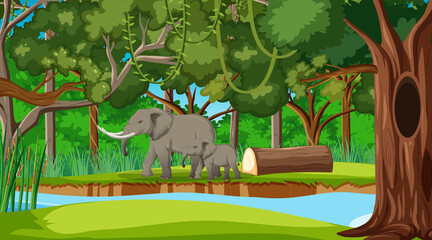 A elephant mom and baby in forest or rainforest scene with many trees