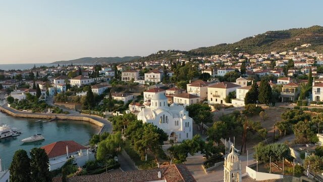 Aerial view of Spetses old town and marina or seaport, Greece - drone videography