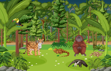 Forest scene with different wild animals