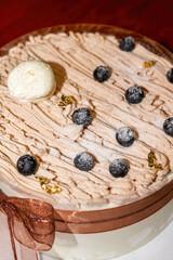 Closeup of a delicious blueberry cream cake