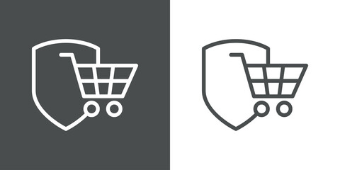 Compra segura. Logotipo con silueta de carrito de la compra con escudo con lineas en fondo gris y fondo banco