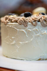 Closeup of a delicious blueberry cream cake
