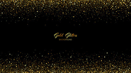 Abstract vector black background with gold glitter confetti. Luxury festive background.