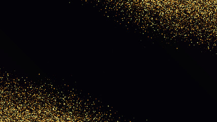 Golden glitter confetti falling on black vector background. Shining gold shimmer luxury design card. Christmas glowing snow.