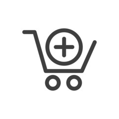Add to cart. Logotipo con silueta de carrito de la compra con símbolo más en círculo con lineas en color gris