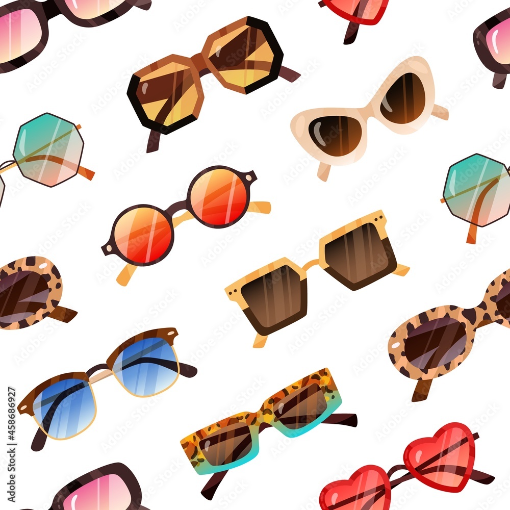 Poster seamless pattern with fashion sunglasses. endless repeating background with modern and retro sun gla