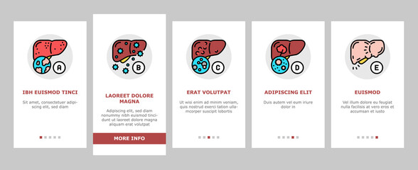 Hepatitis Liver Health Problem Onboarding Mobile App Page Screen Vector. Cirrhosis And Hepatitis Type, Pale Stool And Dark Urine, Ultrasound And Biopsy, Abdominal Pain And Vaccination Illustrations