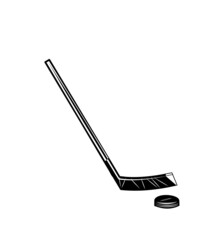 Hockey stick and puck. Sports equipment for athletes. Isolated on white background. Symbol, icon. Monochrome Stencil Illustration Vector