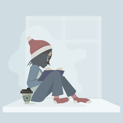 Vector illustration with girl with a book at windowsill.