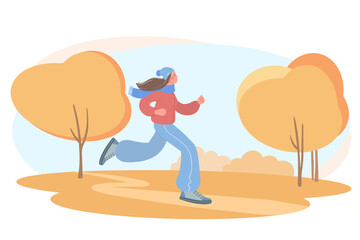 Obraz na płótnie Canvas Beautiful girl is engaged in sports. Illustration of a girl jogging in an autumn park. Concept of a healthy lifestyle.