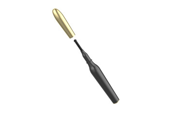 Mascara Bottle and Brush. Fashionable cosmetics Makeup for Eyes, Black Mascara wand and Tube Isolated on White. Extensible mascara and volume. 3d illustration