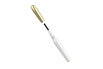 Mascara Bottle and Brush. Fashionable cosmetics Makeup for Eyes, Black Mascara wand and Tube Isolated on White. Extensible mascara and volume. 3d illustration